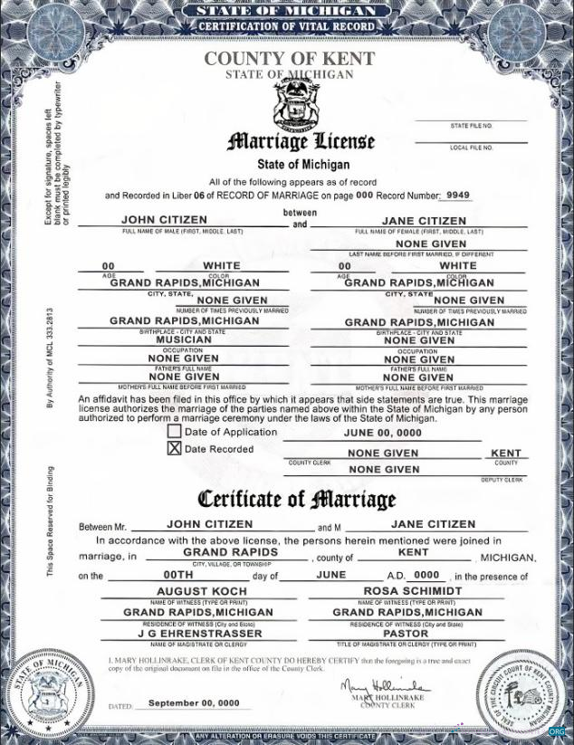 USA state Michigan Kent County marriage certificate template in PSD format, fully editable, version 2